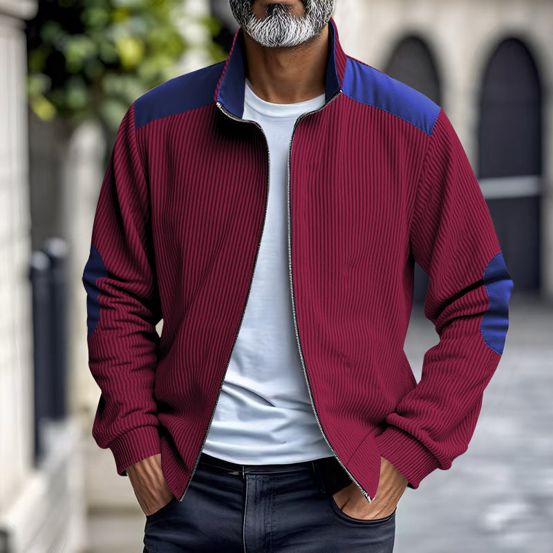Men's ribbed stand-up collar sweat jacket with full zip, shoulder and elbow patches Mune Fashion
