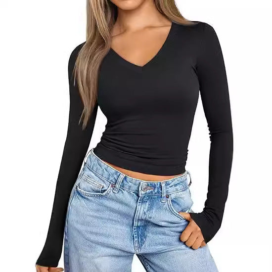 Women's Fitted Long Sleeve Cropped Shirt with V-Neck and Elastic Waistband Mune Fashion