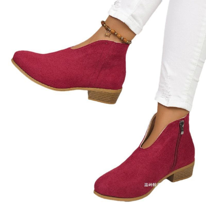 Women's short ankle boots made of suede imitation with V-neck and low wooden heel Mune Fashion