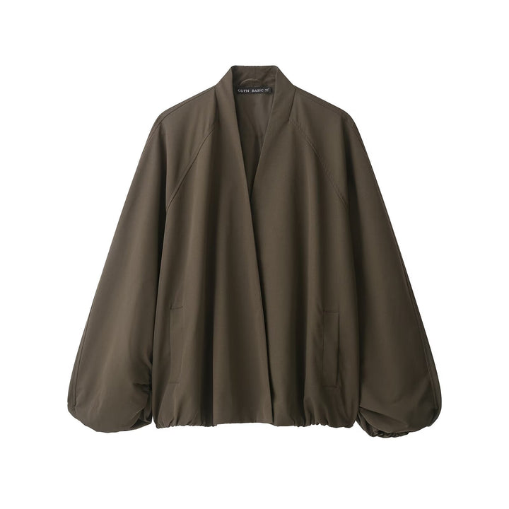 Women's Oversize Cropped Bomber Jacket with Open V-Neck and Elastic Hem Mune Fashion