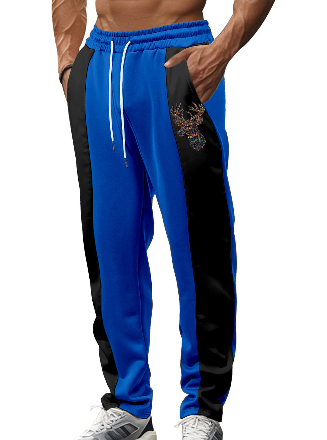 Men's sporty track pants with side contrast stripes, elastic waistband, drawstring, and deer embroidery Mune Fashion
