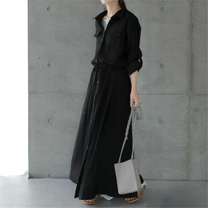 Ladies long shirt dress with drawstring waist and patch chest pockets Mune Fashion