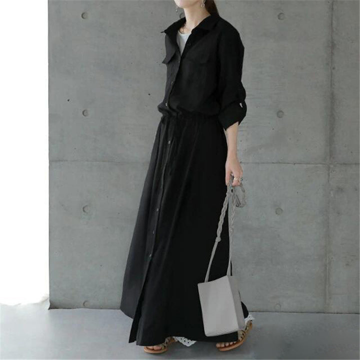 Ladies long shirt dress with drawstring waist and patch chest pockets Mune Fashion