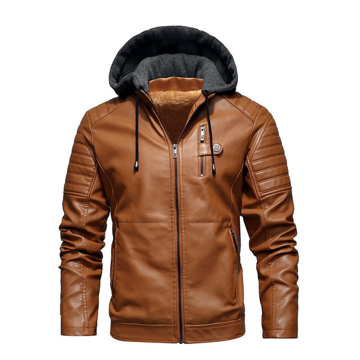 Men's hooded leather jacket with faux fur lining and quilted sleeve structure Mune Fashion