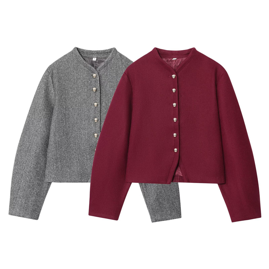 Women’s short jacket made of wool blend with round neck and decorative button placket Mune Fashion