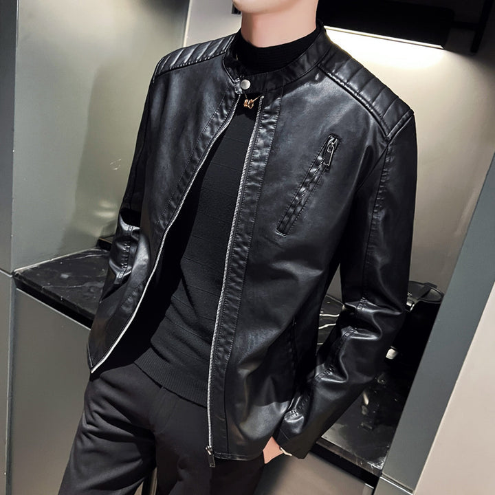 Men's Slim Faux Leather Biker Jacket with Stand-up Collar, Quilted Inserts and Zipper Pockets Mune Fashion