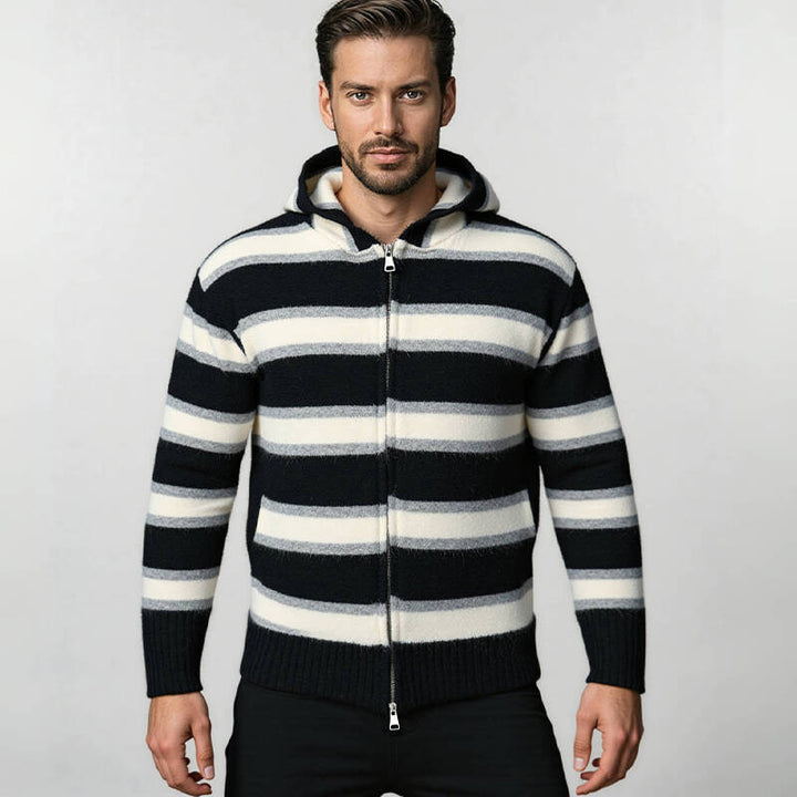 Men's Striped Knit Hoodie with Full Zipper and Ribbed Cuffs Mune Fashion