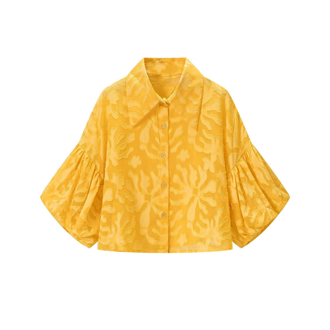 Women's Transparent Organza Blouse with Loose Fit, Volume Sleeves and Shirt Collar Mune Fashion