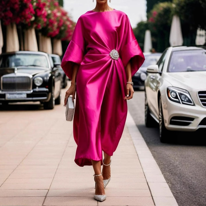 Women's elegant satin kaftan midi dress with kimono sleeves, side draping, and decorative brooch Mune Fashion