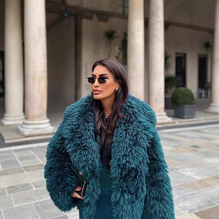 Women's Short Textured Faux Fur Coat with Voluminous Shawl Collar Mune Fashion