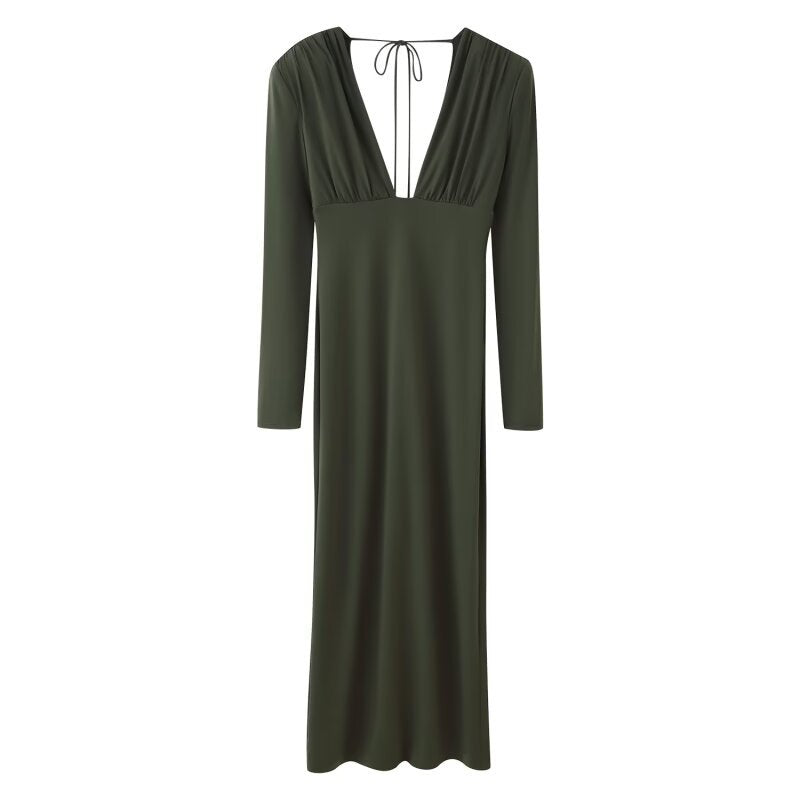 Women's Flowing Maxi Dress with Deep Waterfall V-Neck, Empire Seam and Neck Tie Mune Fashion