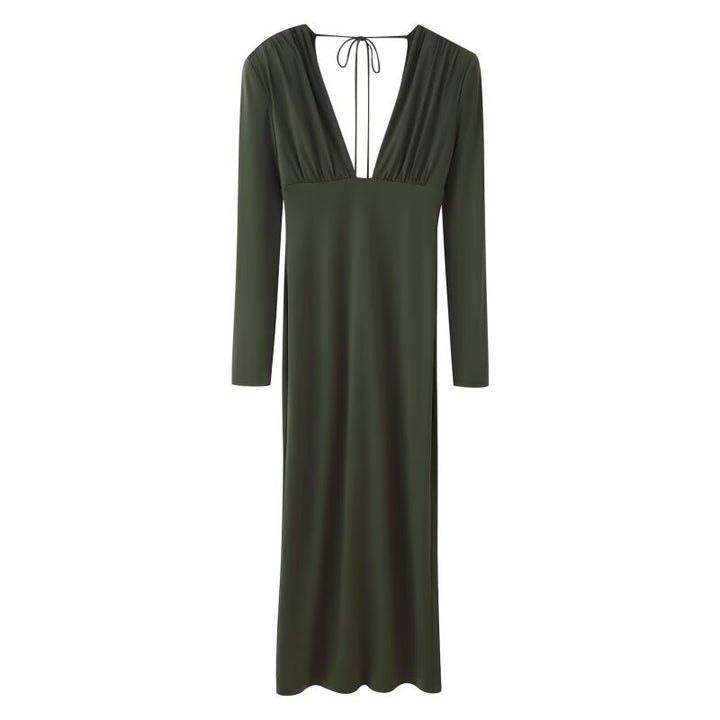 Women's Flowing Maxi Dress with Deep Waterfall V-Neck, Empire Seam and Neck Tie Mune Fashion