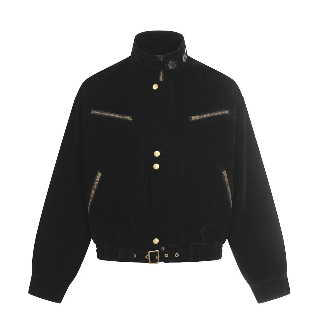Men's suede aviator-style blouson with stand collar, waist belt, and zip pockets Mune Fashion