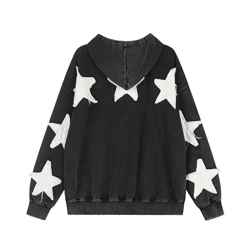 Women Oversize Hoodie Sweatshirt with Star Appliqués and Vintage Wash Mune Fashion