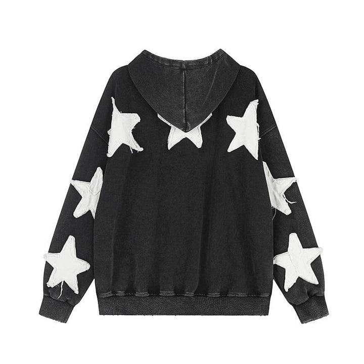 Women Oversize Hoodie Sweatshirt with Star Appliqués and Vintage Wash Mune Fashion