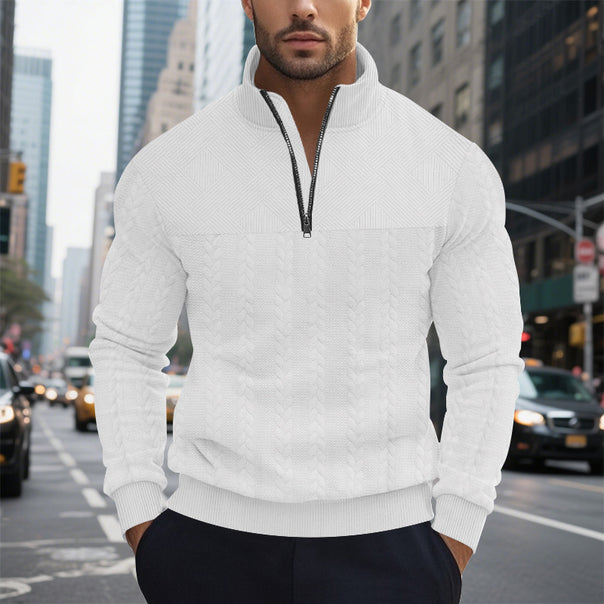 Men's cable knit half-zip pullover with stand-up collar, structured yoke and ribbed hem Mune Fashion