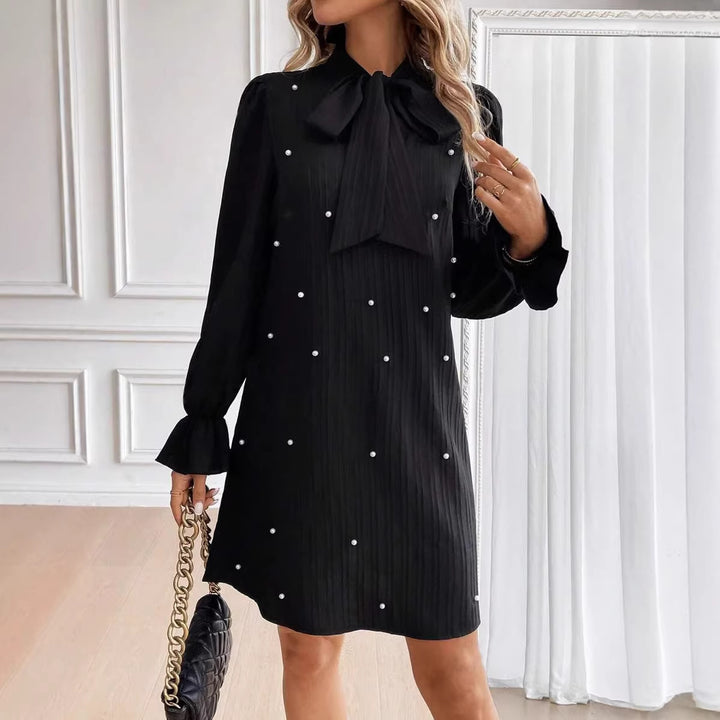Women Elegant Mini Dress with Bow Collar and Ruffles Mune Fashion
