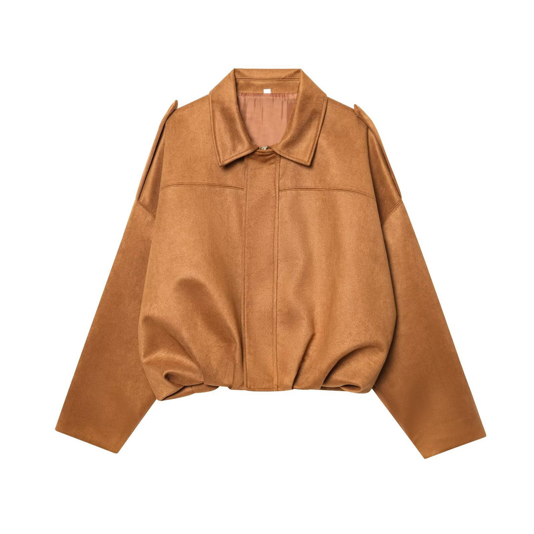 Women's Cropped Suede Look Blouson Jacket with Waist Smocking and Shoulder Patches Mune Fashion