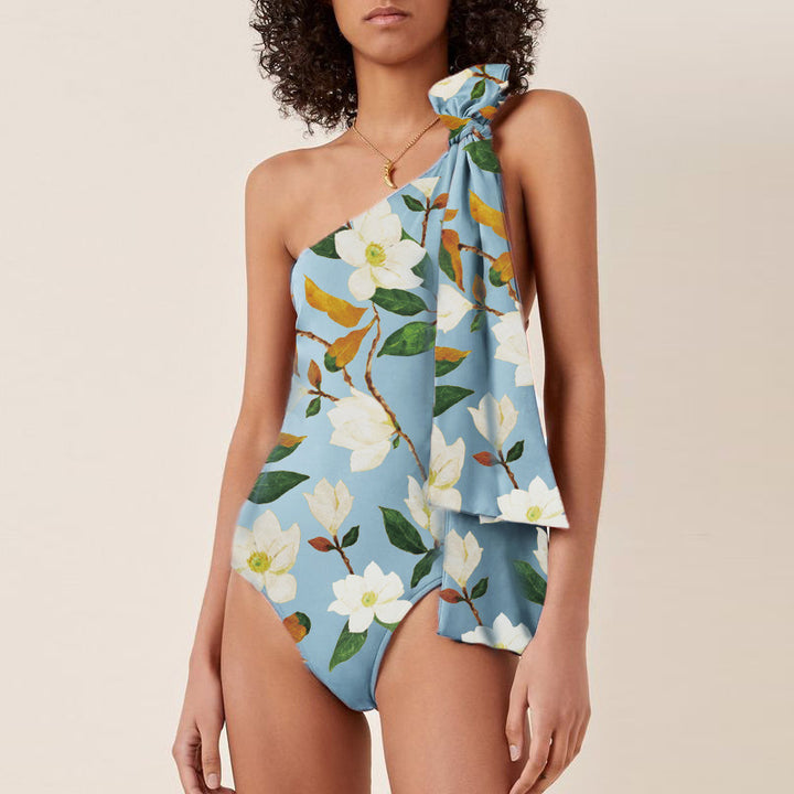 Women's One-Sided Swimsuit with Floral Design and Elegant Bow Detail Mune Fashion
