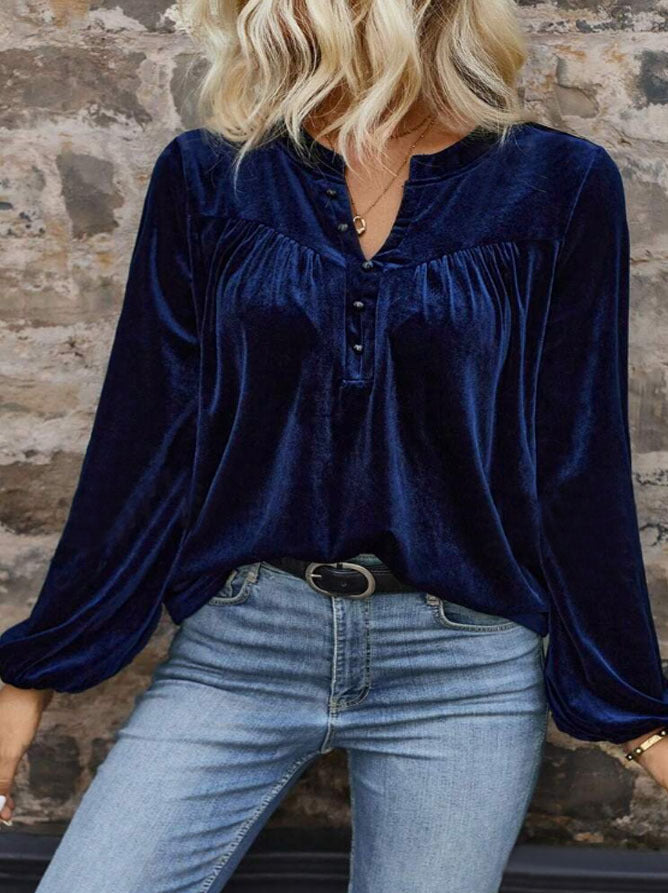 Women's velour sweatshirt with Henley button placket, gathered chest yoke, and relaxed silhouette Mune Fashion