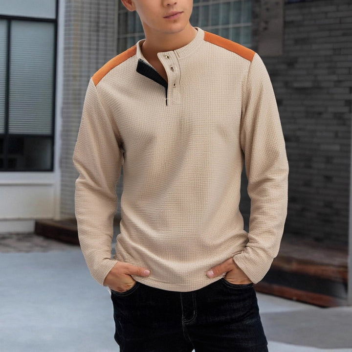 Men's structured Henley long-sleeve shirt with stand-up collar, shoulder piping, and waffle structure Mune Fashion