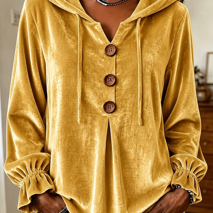 Women's Velvet Hoodie with Wooden Button Placket, Drawstring and Gathered Sleeves Mune Fashion