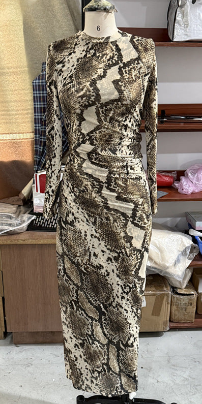 Women's Figure-Hugging Midi Dress with Snake Print, Tailored Draping and Long Sleeve Cut Mune Fashion