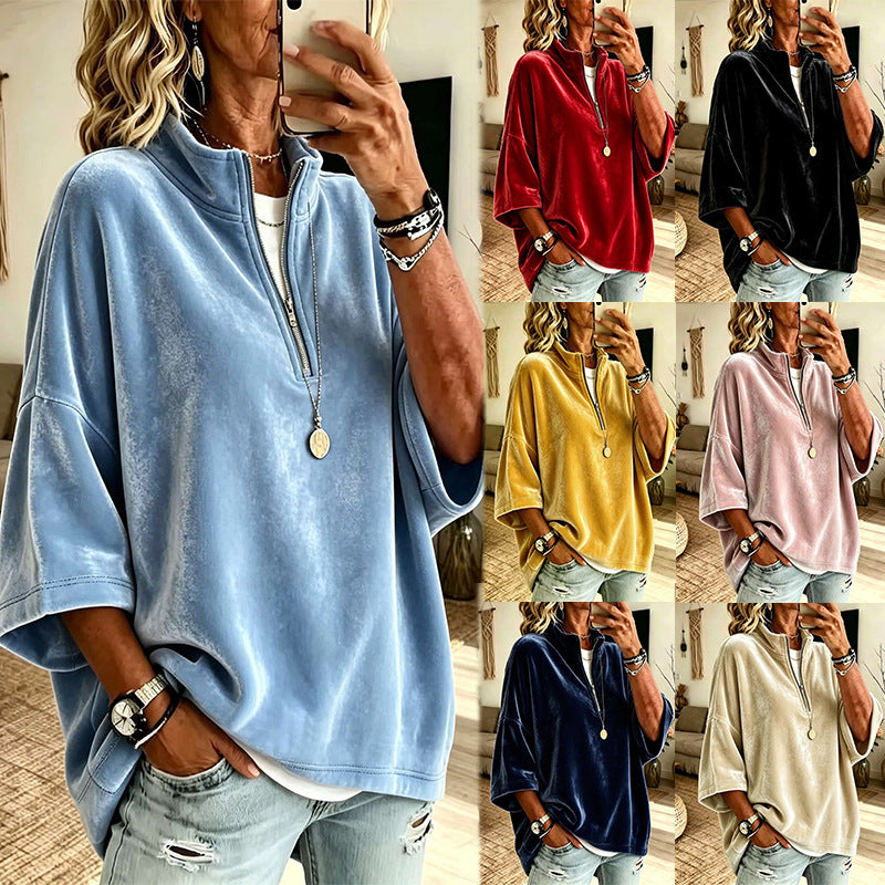 Women's Oversize Velvet Sweater with Short Zipper and Stand-Up Collar Mune Fashion
