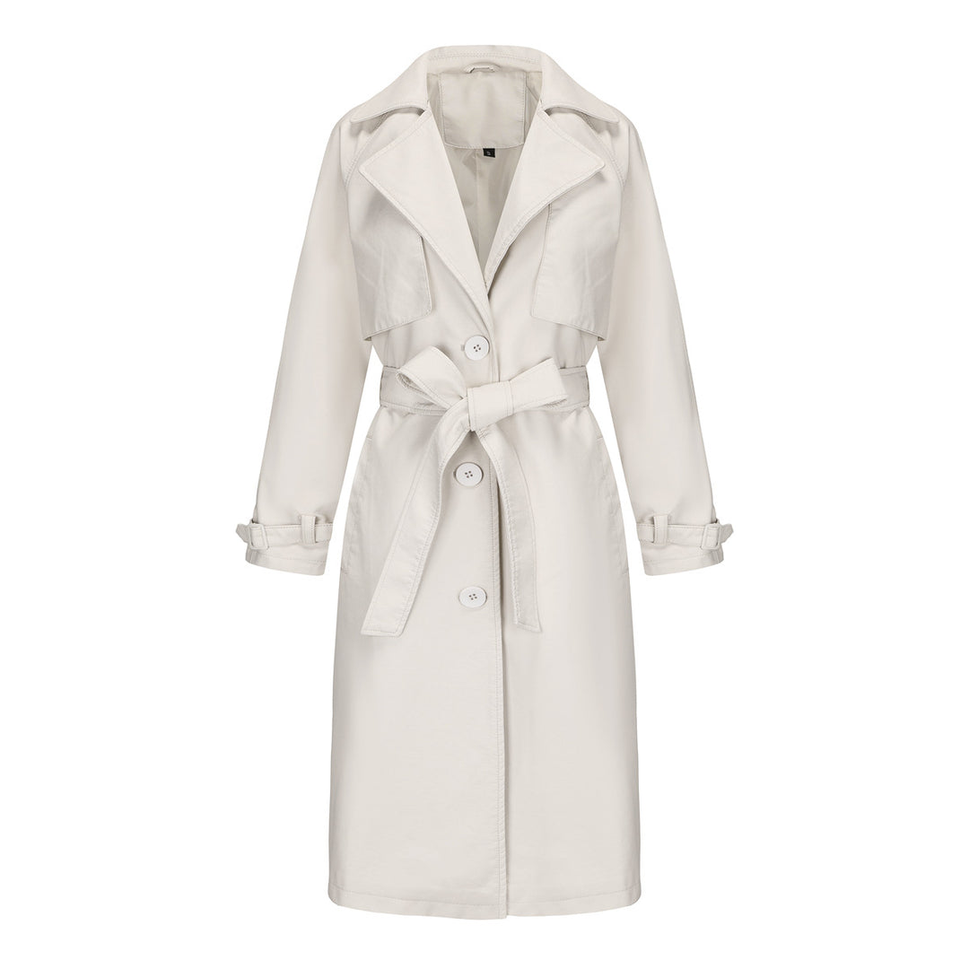 Women's longer tailored faux leather trench coat with tie belt Mune Fashion