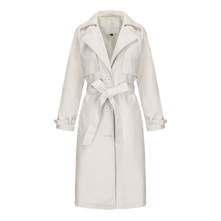 Women's longer tailored faux leather trench coat with tie belt Mune Fashion