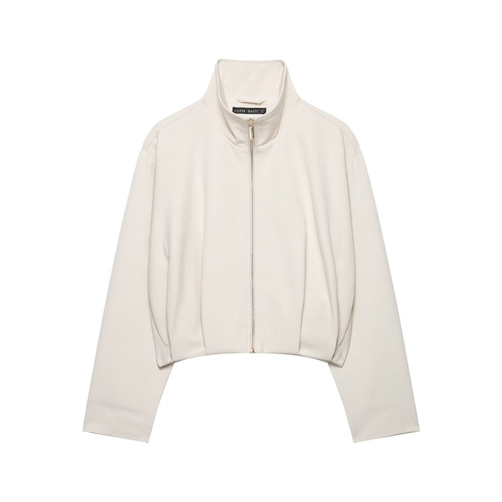 Women's Short Stand Collar Bomber Jacket with Zipper and Fitted Cuffs Mune Fashion