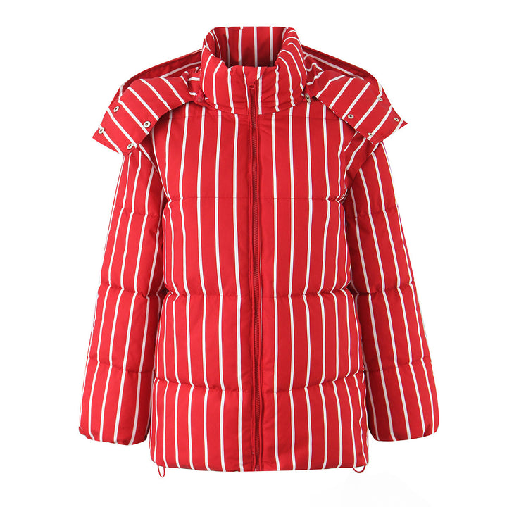 Women's Quilted Puffer Jacket with Removable Hood Trim, High Stand Collar and Vertical Stripe Pattern Mune Fashion