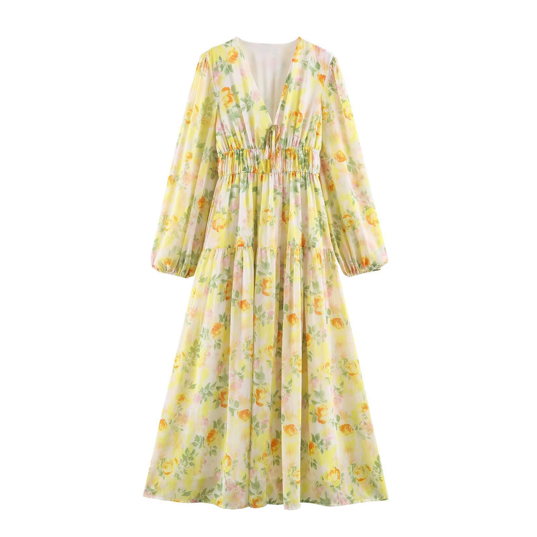 Women's Airy Chiffon Midi Dress with Deep V-Neck, Ruffled Smock Waist, and Flounce Layers Mune Fashion