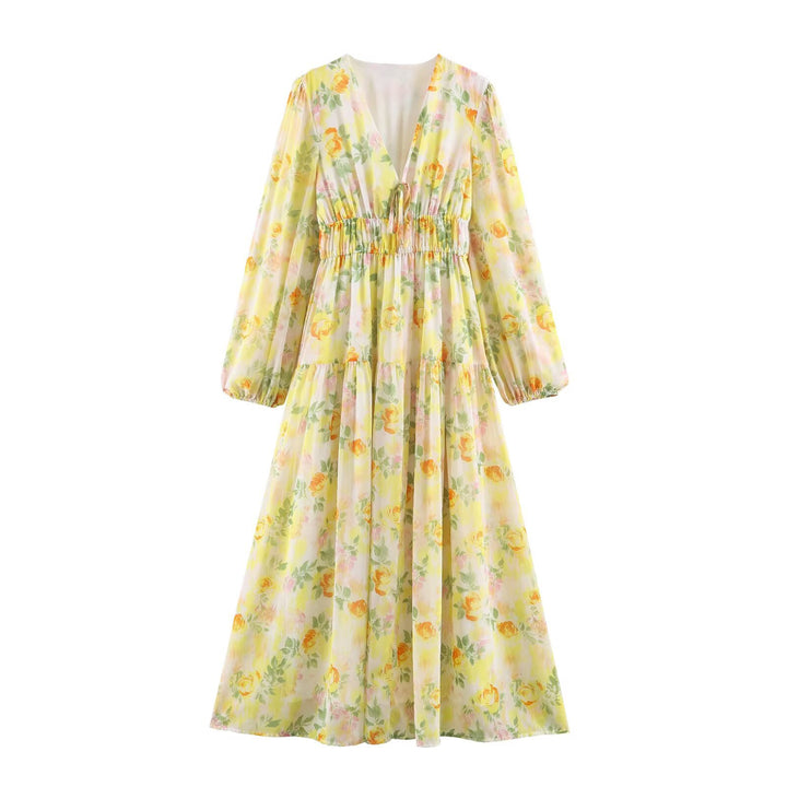 Women's Airy Chiffon Midi Dress with Deep V-Neck, Ruffled Smock Waist, and Flounce Layers Mune Fashion