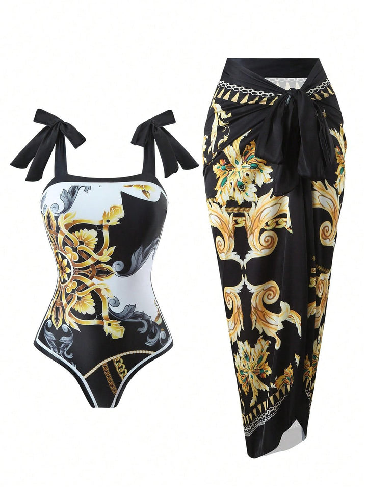 Women Elegant Swimsuit with Floral Accents and Fashionable Wrap Skirt Mune Fashion