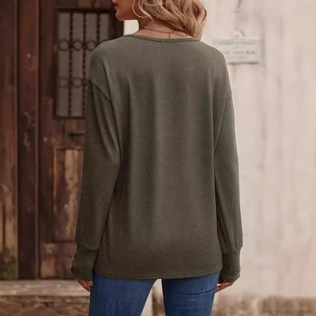 Women's Oversized V-Neck Fine Knit Sweater with Off-Shoulder Silhouette and Decorative Buttons Mune Fashion