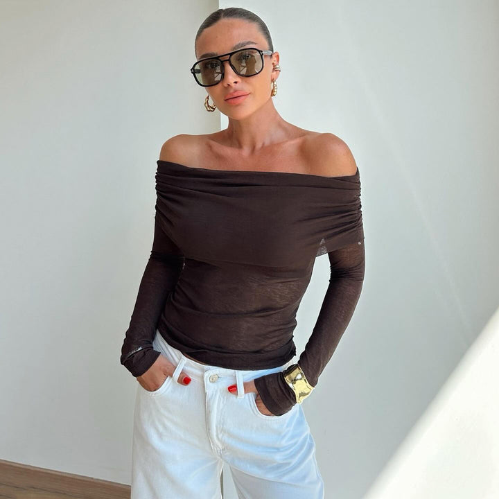Women's off-shoulder fine knit long sleeve with ruched cowl neck and fitted silhouette Mune Fashion
