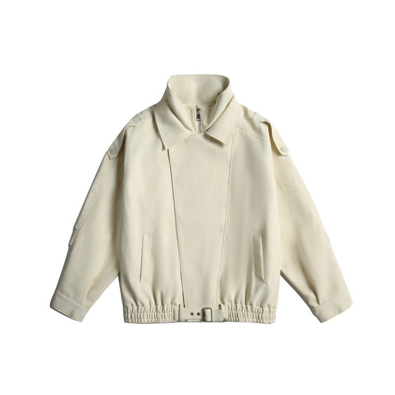 Unisex Short Cropped Boxy Blouson Jacket with Funnel Collar, Epaulettes and Waist Belt Mune Fashion