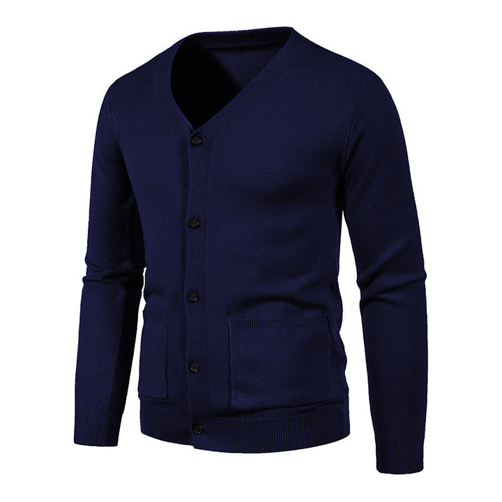 Men's slim fine knit cardigan with V-neck, button placket, and patch pockets Mune Fashion