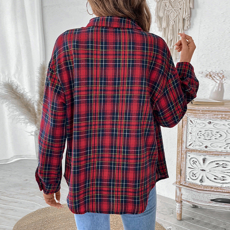 Women's Oversized Check Shirt Blouse made of soft flannel with chest pocket and extended back part Mune Fashion