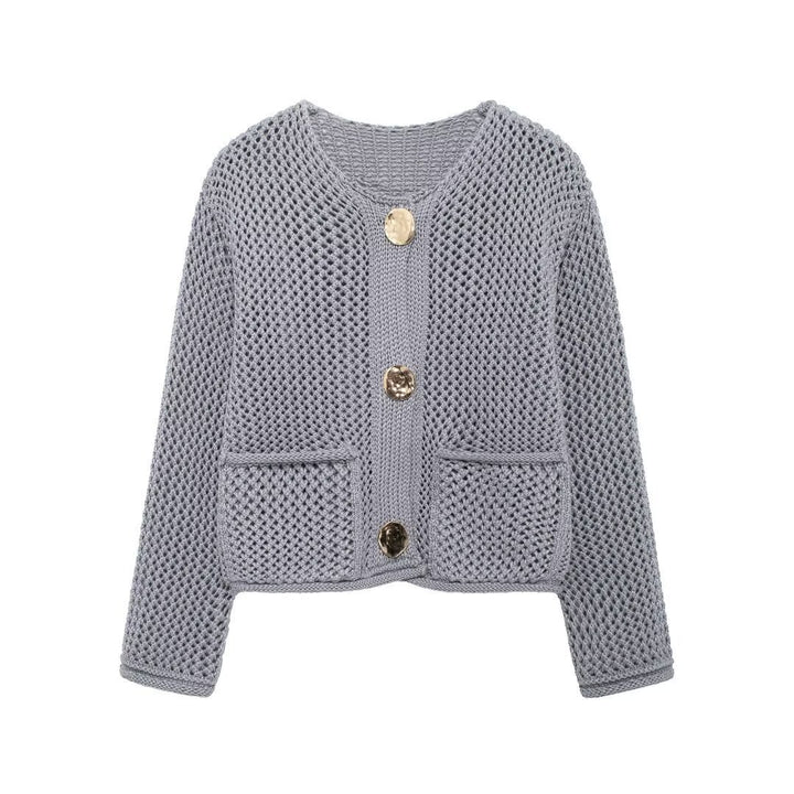 Women's cardigan with open mesh structure, decorative buttons and patch pockets Mune Fashion