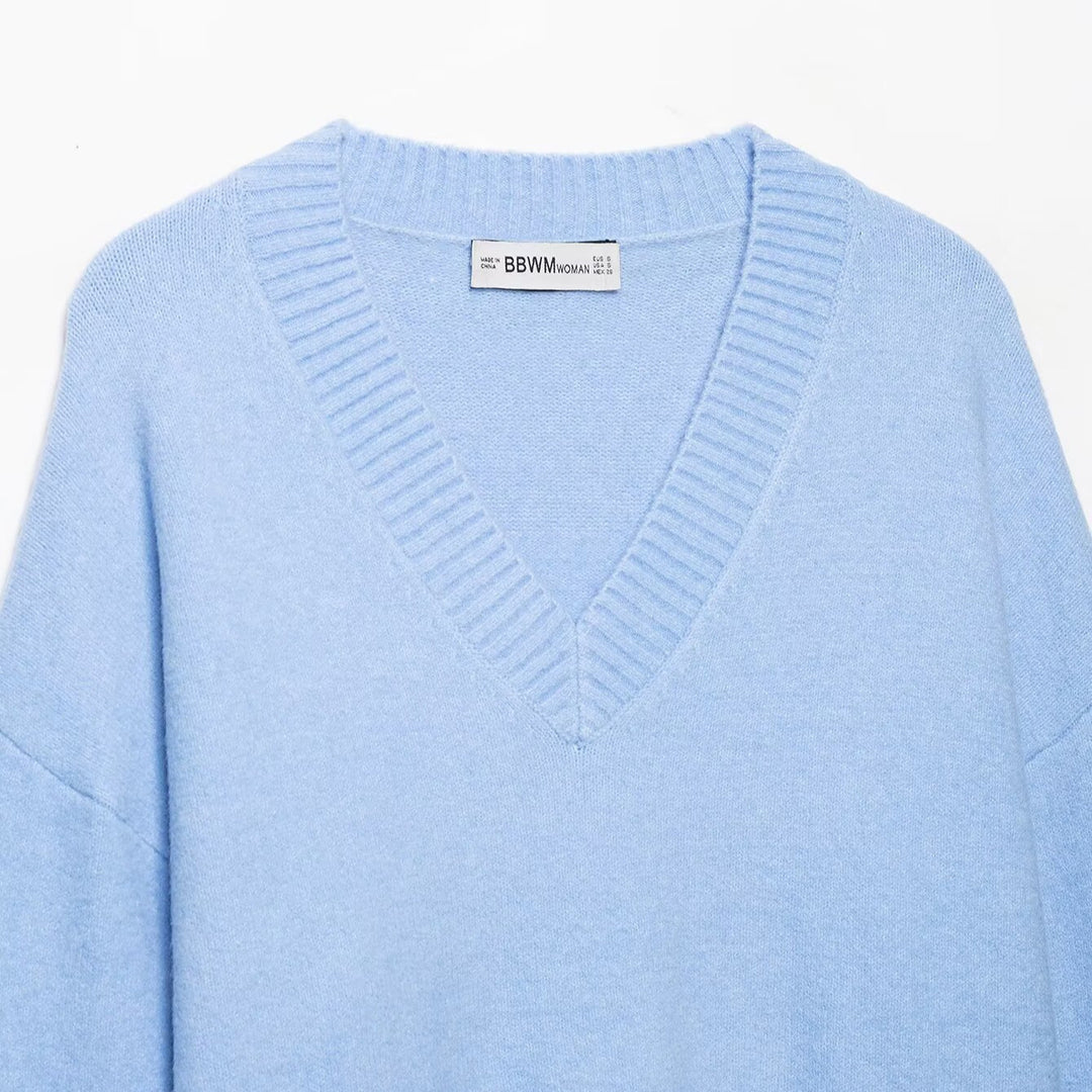 Women's Oversize V-Neck Fine Knit Sweater with Wide Ribbed Hem Mune Fashion
