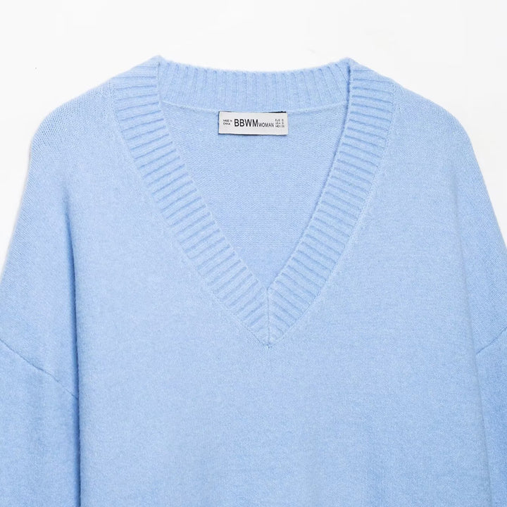Women's Oversize V-Neck Fine Knit Sweater with Wide Ribbed Hem Mune Fashion