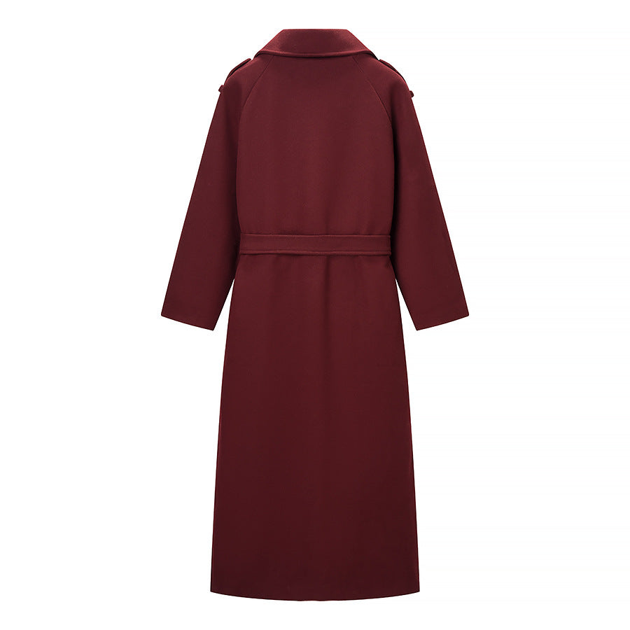 Women Maxilength Wool Blend Trench Coat with Shoulder Yoke, Tie Belt and Roll-Up Sleeves Mune Fashion