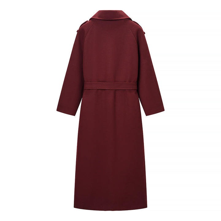Women Maxilength Wool Blend Trench Coat with Shoulder Yoke, Tie Belt and Roll-Up Sleeves Mune Fashion