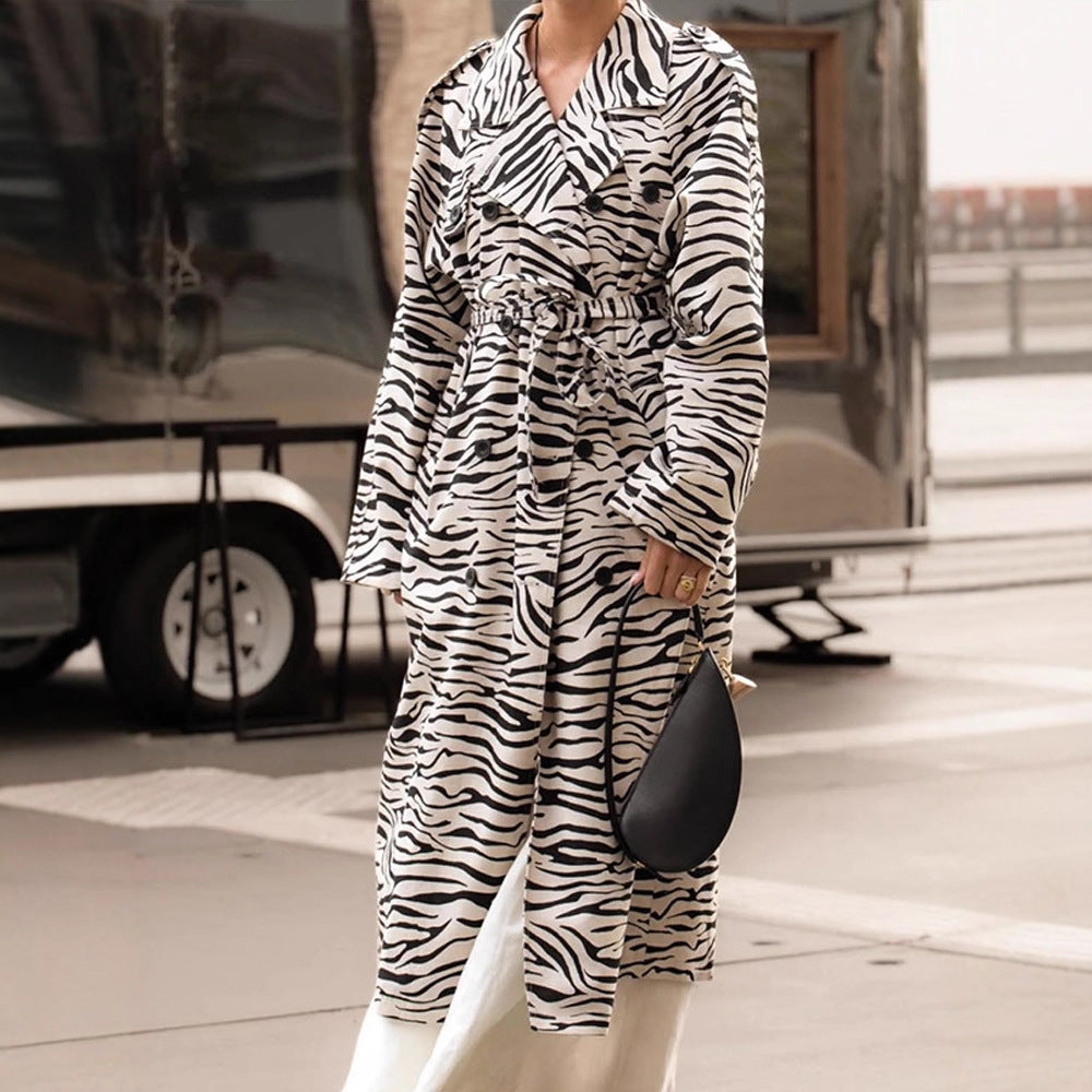 Women's Maxilength Trench Coat in Animal Print with Voluminous Shawl Collar, Tied Belt and Boxy Silhouette Mune Fashion