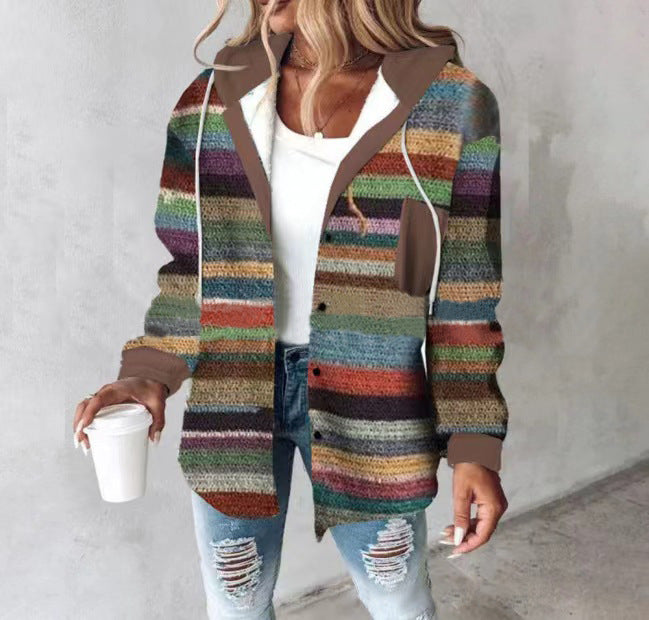 Women's hooded cardigan with stripes and snap button placket Mune Fashion
