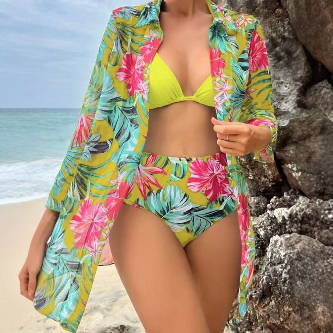 Women's bikini set with floral pattern and transparent beach cover-up Mune Fashion
