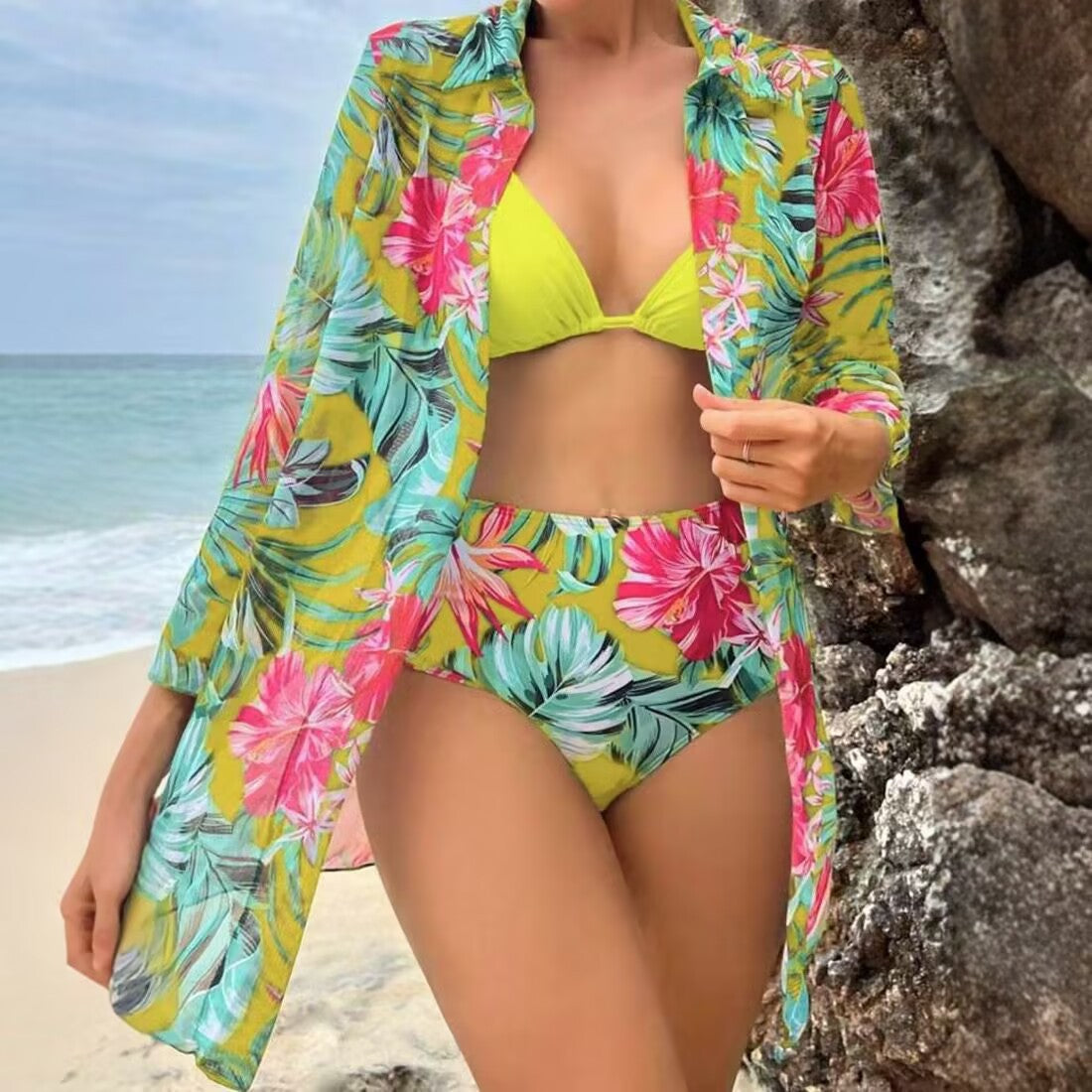Women's bikini set with floral pattern and transparent beach cover-up Mune Fashion