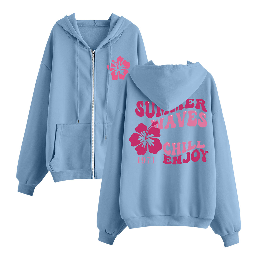 Women's relaxed zip hoodie with tropical hibiscus print, kangaroo pockets, and ribbed cuffs Mune Fashion